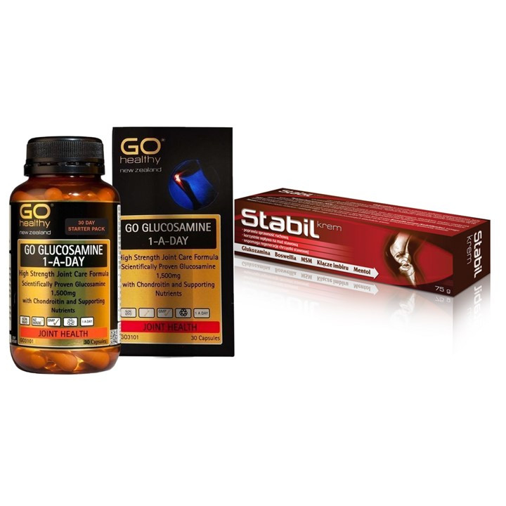 Bộ sản phẩm xương khớp nhập khẩu chính hãng trong uống ngoài bôi gồm: Viên uống GO Glucosamine 1-A-Day 1500mg và Kem bôi khớp Stabil