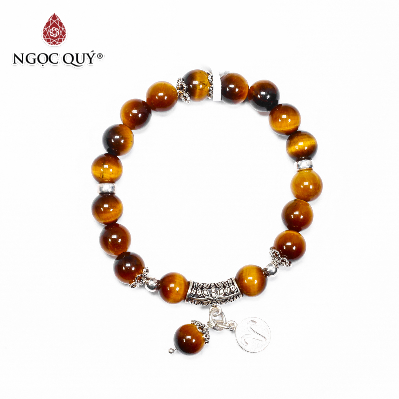 Vòng tay đá mắt hổ vàng nâu charm 12 cung hoàng đạo bạc size hạt 8mm - Ngọc Quý Gemstones