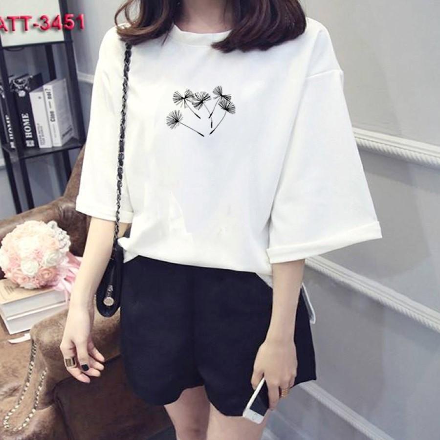 Áo thun nữ tay lỡ Hàn Quốc form rộng in hình cỏ bồ công anh vài dày mịn TEEWOTL61