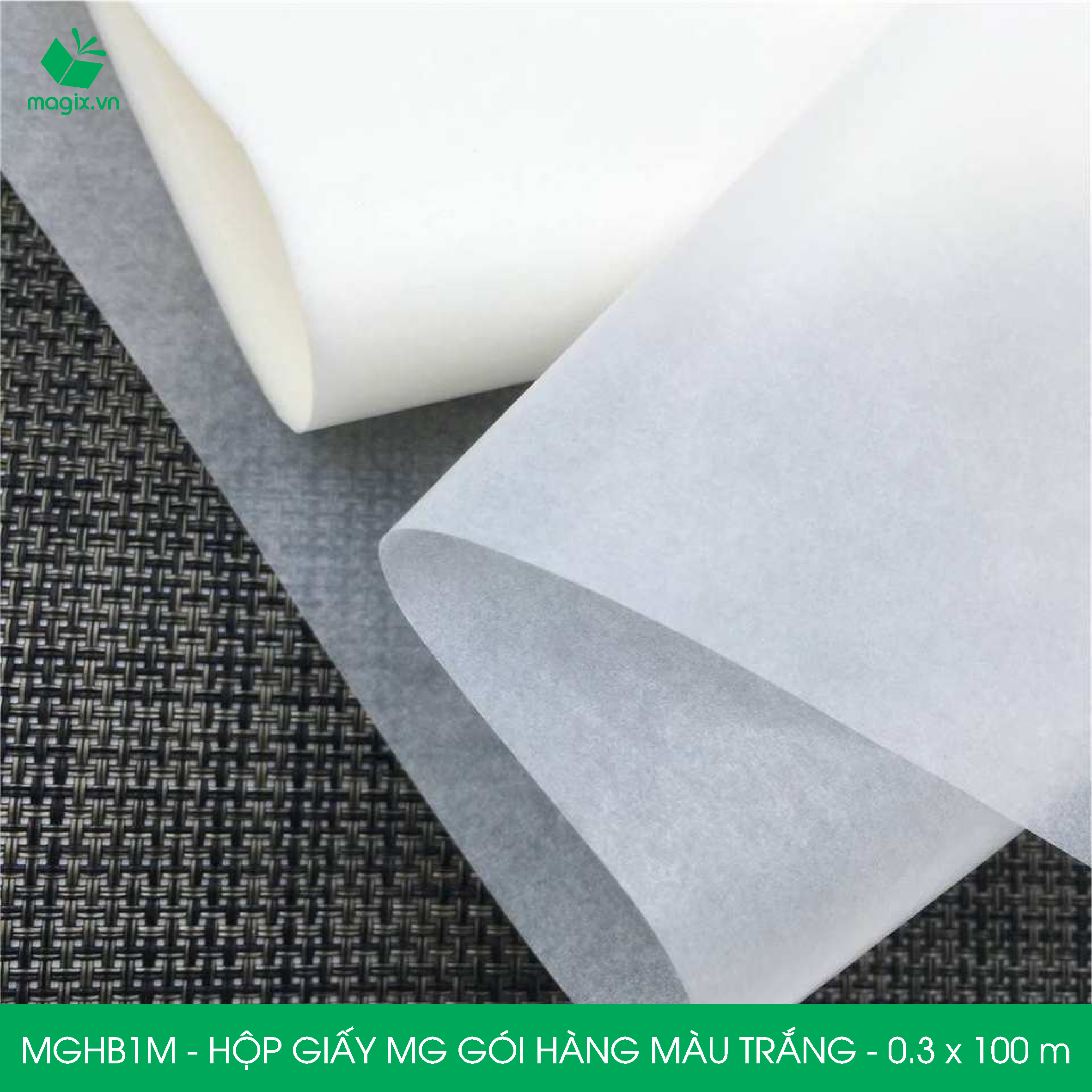 MGHB1M - 0.3x100 m - Hộp cuộn giấy MG, cuộn giấy Pelure trắng gói hàng, cuộn giấy chống ẩm 1 mặt bóng, giấy bọc hàng thời trang