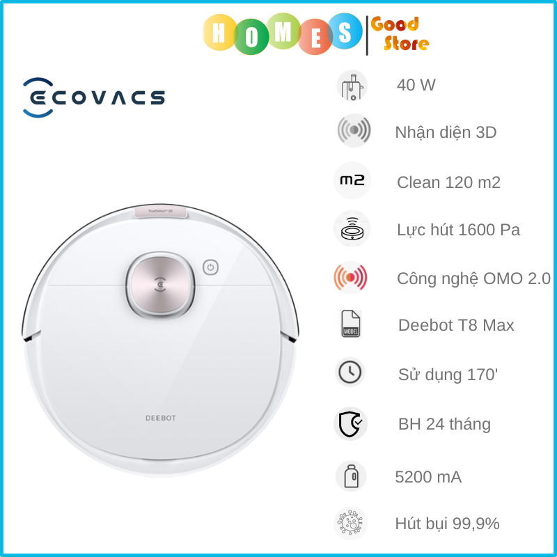 Robot Hút Bụi Lau Nhà ECOVACS Deebot N10 Kết Nối App Lực Hút 4300 Pa Phù Hợp Diện Tích 300m2, Công Suất 40 W - Hàng Chính Hãng