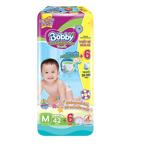 Tã Quần Bobby Gói Lớn M42 (42 Miếng) + 6 Miếng Cùng Size