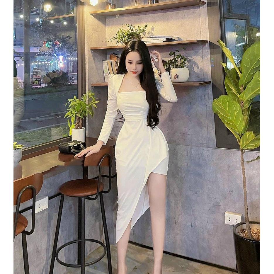 FREE SHIP Đầm Ôm Body Tay Dài Bèo Lai Tà Chéo Trang Nữ KIM GIA DS