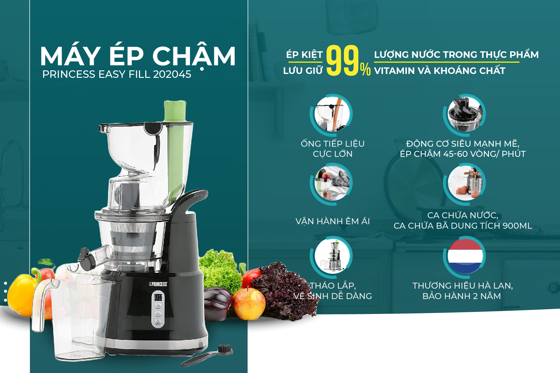 Máy ép chậm Princess Easy Fill 202045- Hàng chính hãng