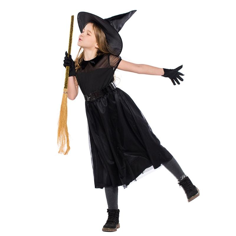 1 Bộ Trẻ Em Bé Gái Phù Thủy Trang Phục Hóa Trang Halloween Lưới Nữ Tay Ngắn Cổ Tích Đầm Nón Dây Lưng Găng Tay Đảng Vai Trò Chơi bộ Trang Phục