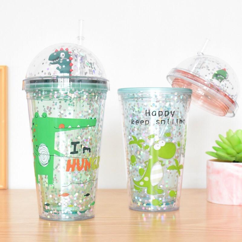 Ly Giữ Nhiệt Khủng Long 3D 380ml Kim Tuyến Nhiều Màu Sắc Dễ Thương Cute - Kèm Ống Hút