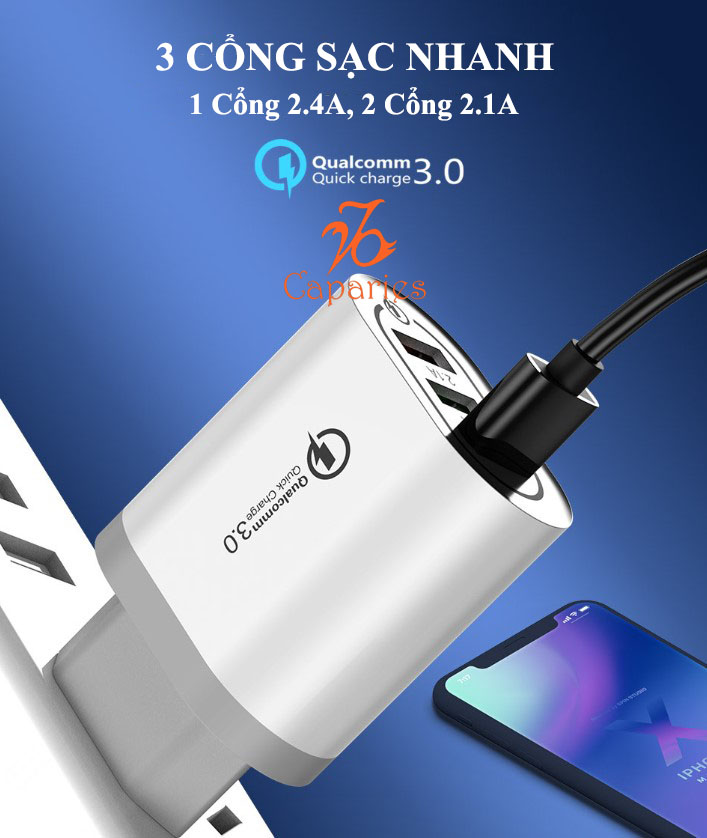 Củ Sạc 3 USB 18W Nhanh Quick Charge 3.0 - Chính Hãng CAPARIES VIỆT NAM