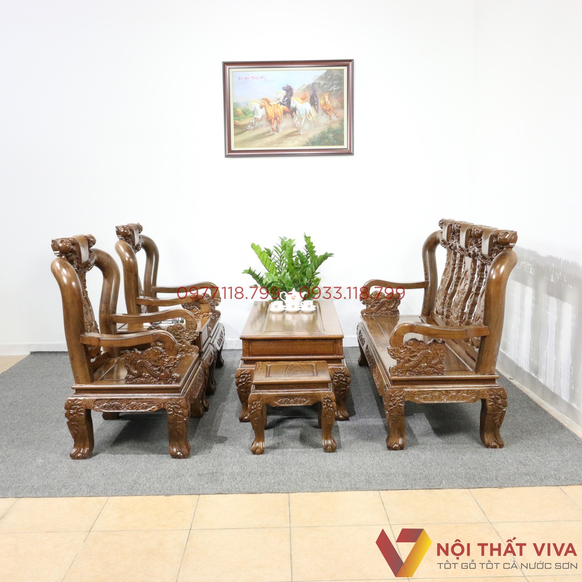 Bộ Bàn Ghế Salon Gỗ Mun Chạm Đào Tay 10 6 Món