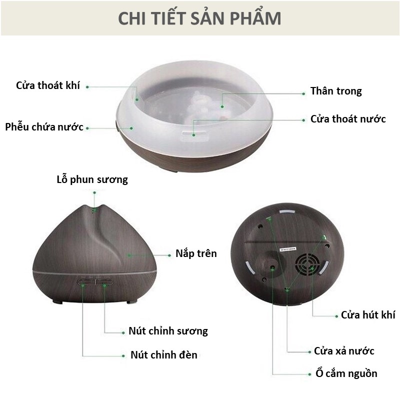 Máy khuếch tán xông tinh dầu phun sương tạo ẩm làm đèn ngủ công suất mạnh búp sen - Tặng kèm set 6 tinh dầu thiên nhiên nhập khẩu - Vân gỗ đen kèm combo 1 mới bắt đầu (bạc hà - quế - bưởi - sả chanh - cam ngọt - khuynh diệp)