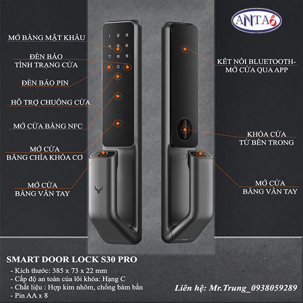 Khóa cửa vân tay thông minh Smart Door Lock S30 Pro - Mở cửa vân tay/mã PIN/thẻ NFC/Bluetooth/Chìa khóa cơ/ứng dụng điện thoại, cổng sạc Type-C, pin 8 AA,