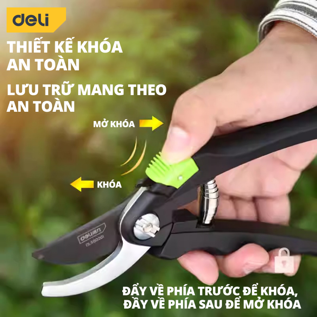 Kéo Cắt Tỉa Cành Cây Deli Chính Hãng 8inch - Lưỡi Thép Sắc Bén, Siêu Bền, Tay Cầm Đệm Cao Su An Toàn, Chắc Chắn DL580201