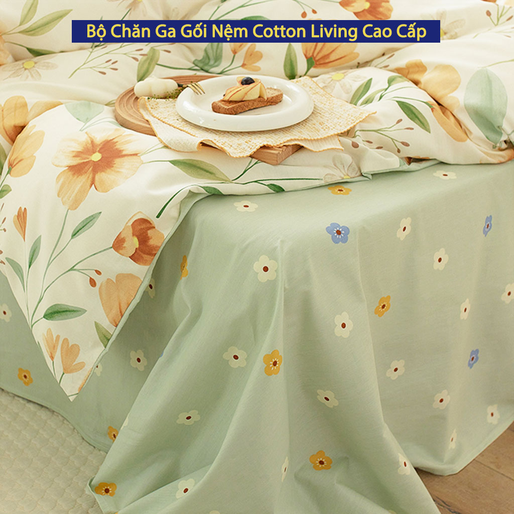 Bộ Ga Giường 5 Món Chăn Ga Gối Nệm Cotton Living ANNA NGUYÊN Cao Cấp Chuẩn Khách Sạn 5 Sao Bộ Chăn Ga Ra Drap Gối Nệm Đệm Trải Giường 4 Món Dễ Thương Cute