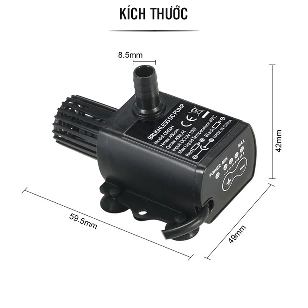 Bơm Bể Cá Mini Chìm 400L/h Không Chổi Than, Siêu Êm, Có Điều Chỉnh 4 Tốc Độ Bơm, Mức Nâng Nước 4m (12V/6W DC) Cho Hồ Bể Cá Cảnh/ Hồ Thủy Sinh/ Thủy Canh (Không Kèm Adaper DC) Mai Lee