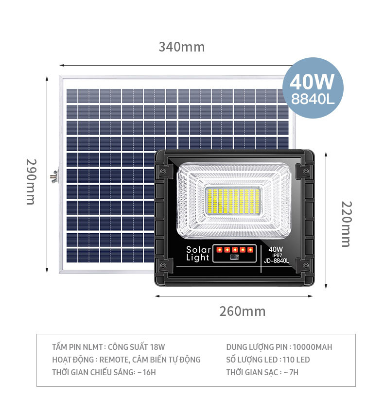 Đèn pha năng lượng mặt trời JINDIAN nhôm đúc nguyên khối, công suất 40W, Model: JD-8840L NÂNG CẤP 2020