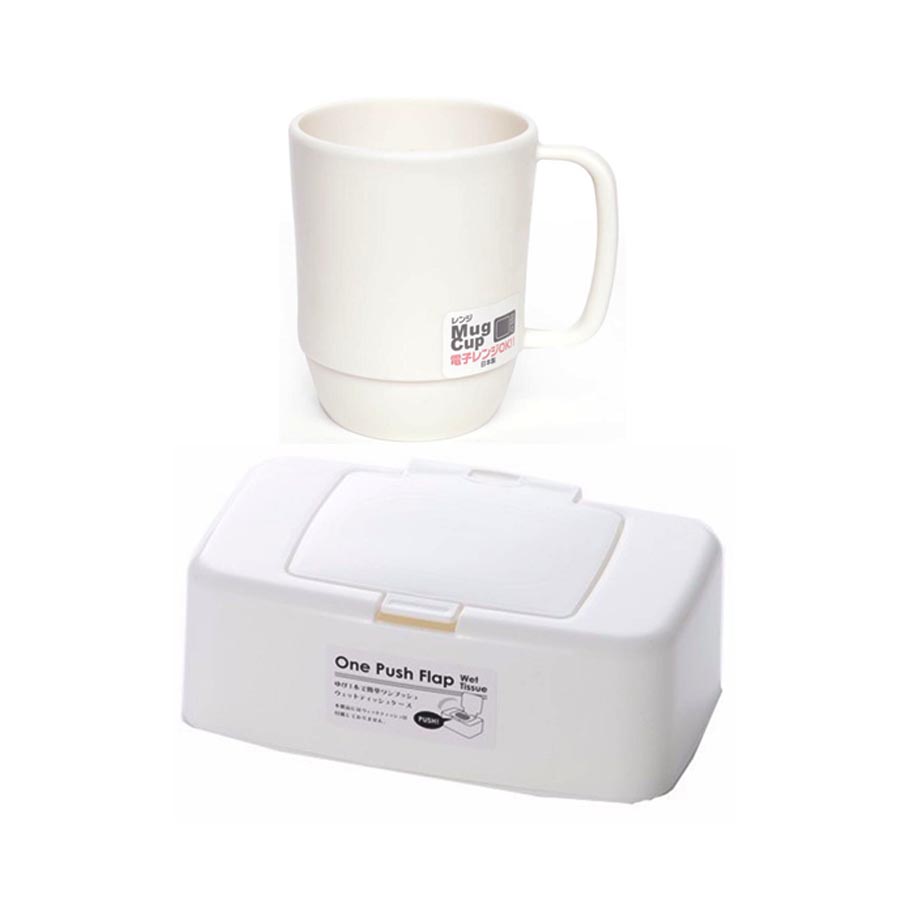 Combo Hộp Đựng Bảo Quản Giấy Ướt Có Nắp Bật + Cốc Nhựa Cao Cấp Tiện Dụng Màu Trắng - Nội Địa Nhật Bản