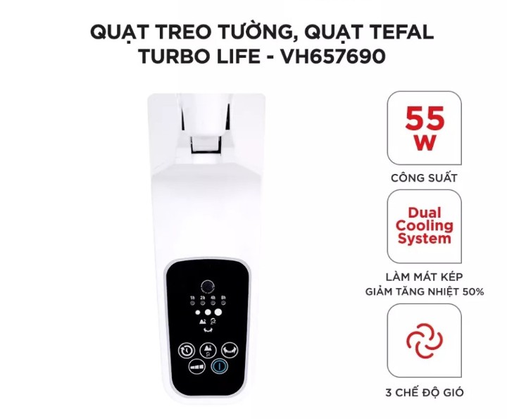 Quạt treo tường, quạt Tefal Turbo Life VH657690 - 55W, 3 chế độ gió- hàng chính hãng