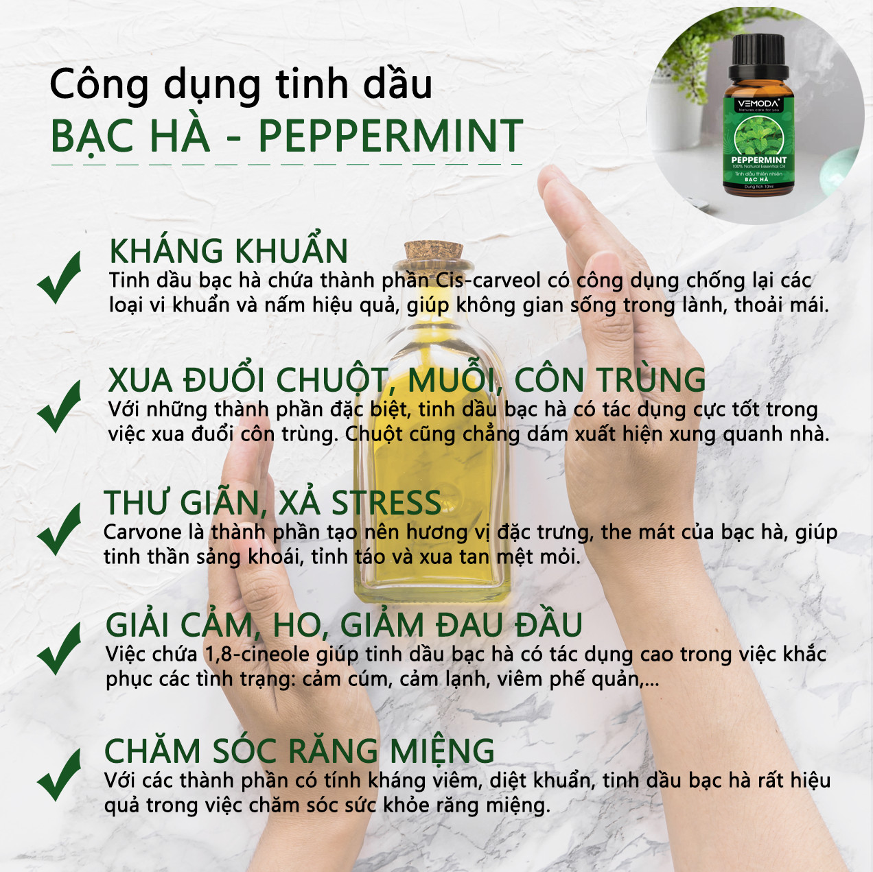 Tinh dầu xông phòng gồm 3 lọ tinh dầu nguyên chất cao cấp Vemoda: tinh dầu Vỏ bưởi MG + tinh dầu Bạc hà + tinh dầu Sả chanh