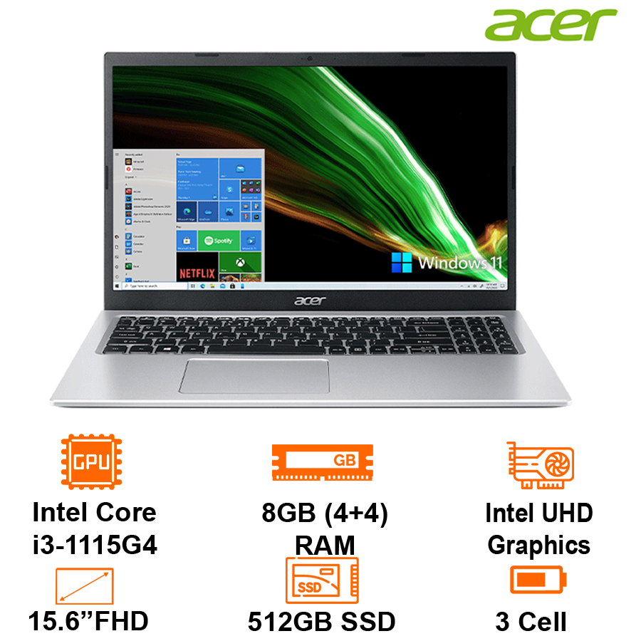 Máy Tính Xách Tay Laptop Acer Aspire 3 A315-58-358E - Intel core i3-1115G4/8GB(4on+4)/512GB SSD+1 M.2+1 2.5/15.6&quot;FHD/BT4/Win11H/Pure Silver - Hàng Chính Hãng