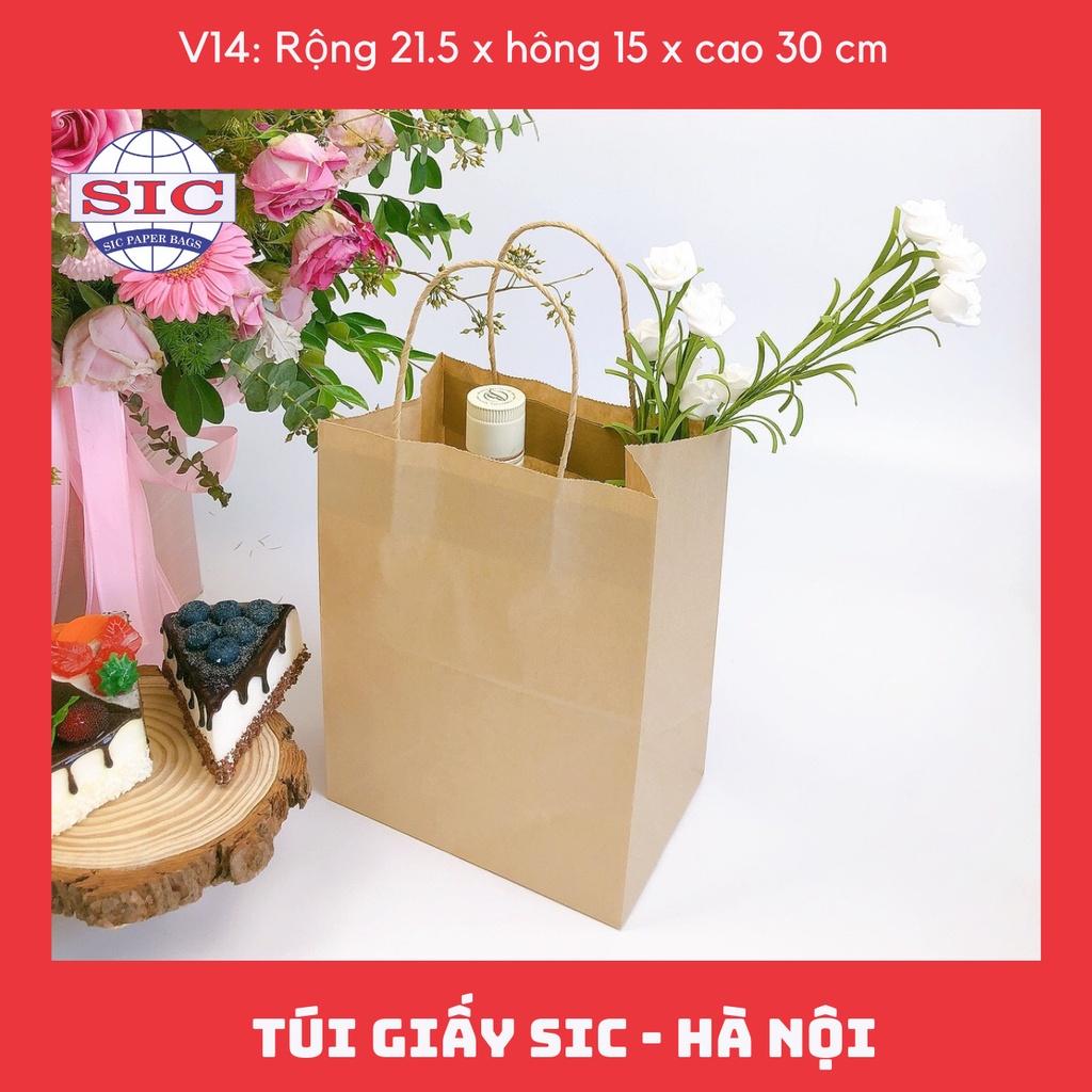 100 CHIẾC TÚI GIẤY KRAFT V14: 21.5x15x30 cm CÓ QUAI ( ẢNH THẬT)