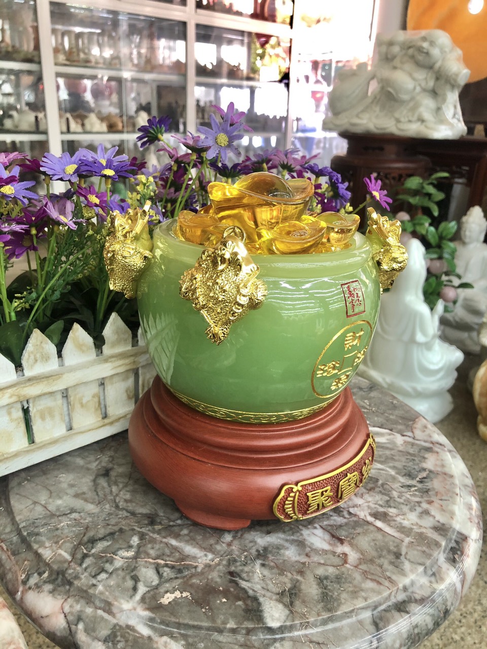Bát vàng, Bát Tụ Tài, Bát Tụ Bảo đá ngọc cẩm thạch xanh Hút Tài, Hút Lộc, Chiêu tài nạp lộc - Cao 18 cm