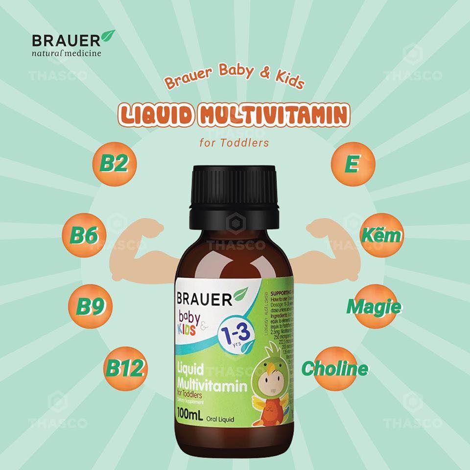 Vitamin tổng hợp cho trẻ từ 1 - 3 tuổi Brauer Baby &amp; Kids Liquid Multivitamin For Toddlers 100ml - Nhập khẩu Úc