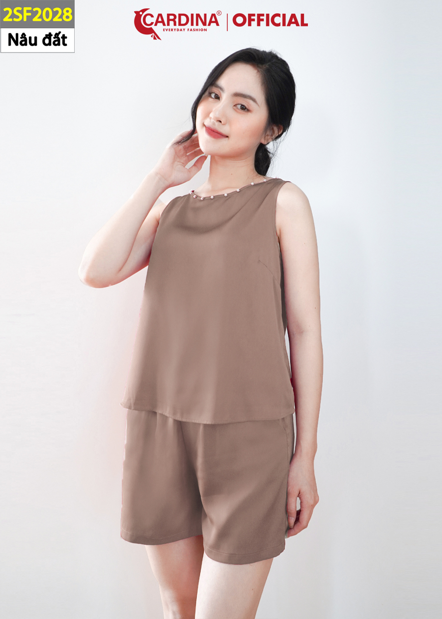 Đồ Bộ Nữ CARDINA Chất Lụa Satin Cao Cấp Quần Đùi Áo Sát Nách Cổ Đính Cúc Ngọc 2SF20