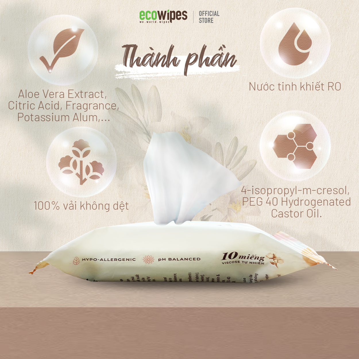 Thùng 180 gói khăn giấy ướt phụ khoa Ecowipes gói 10 tờ vệ sinh cá nhân phụ nữ hương Daisy size 15x20cm nhỏ gọn