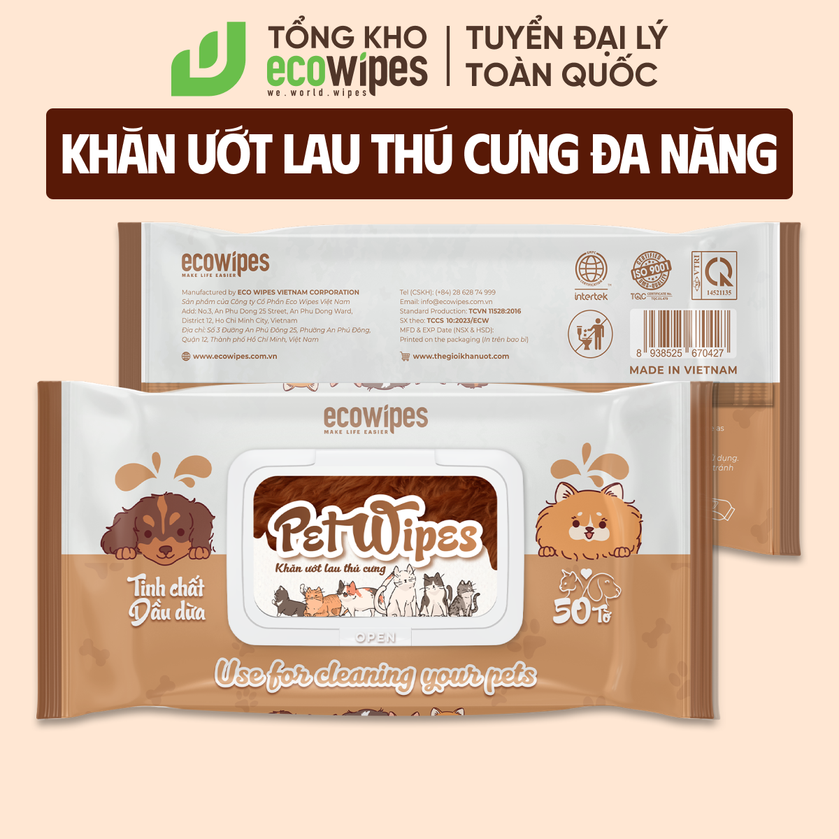 Khăn ướt vệ sinh thú cưng Pet Wipes gói 50 tờ mùi hương tự nhiên vừa làm sạch khử mùi cho chó mèo