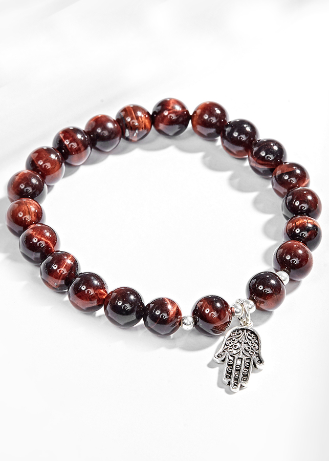 Vòng Tay Đá Mắt Hổ Nâu Đỏ Phối Bàn Tay Hamsa Bạc Ngọc Quý Gemstones