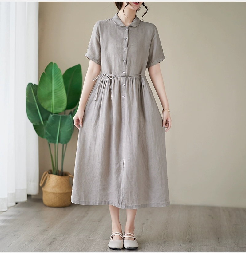 Đầm linen dáng dài, suông công sở cổ tròn linen tay cộc kèm dây eo, đầm đũi form rộng Haint Boutique Da169