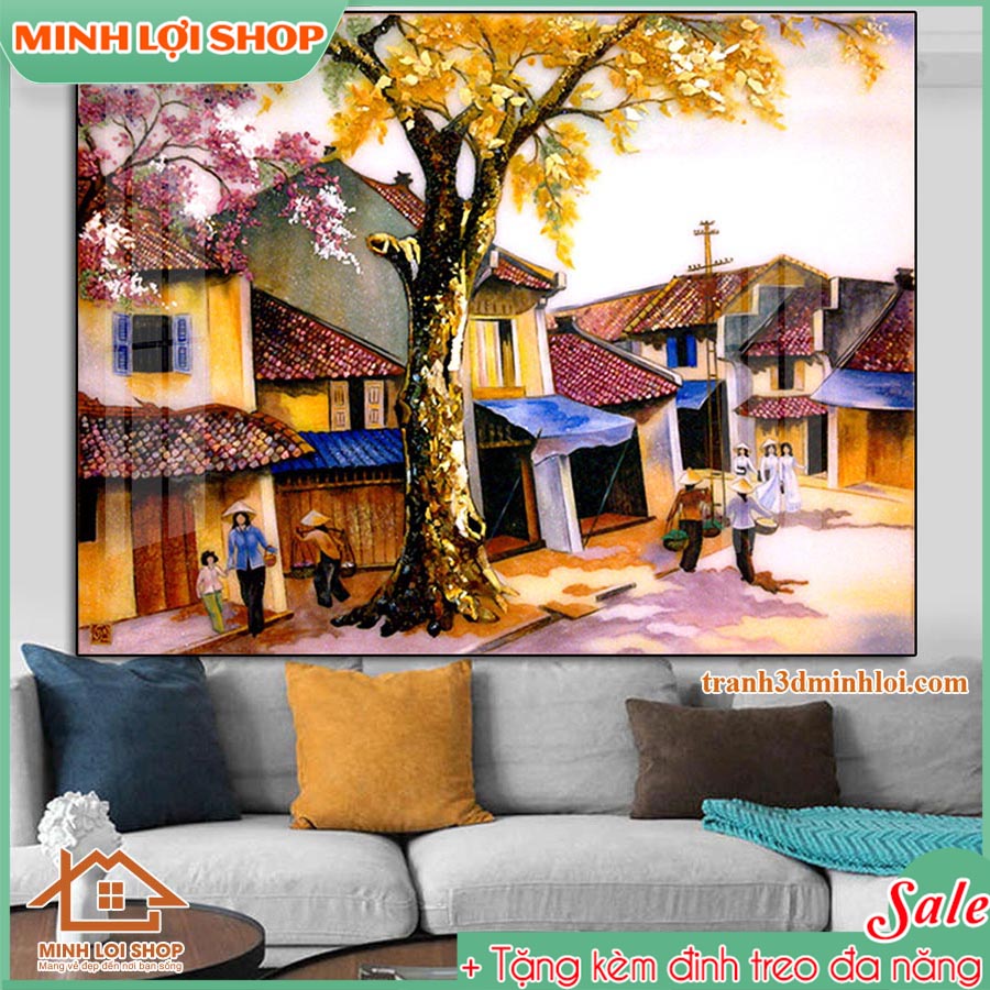 Tranh tráng gương MDF cao cấp làng quê, đồng quê Việt Nam TẶNG KÈM ĐINH TREO ĐQ45