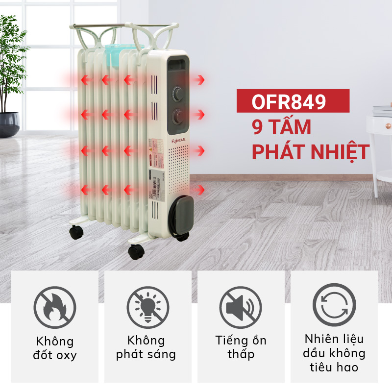 Máy sưởi dầu Nhật Bản Nhập Khẩu không khô da Fujihome 9 thanh, lò máy sưởi ấm điện phòng tự ngắt không đốt oxy không gốm mini heaters - Hàng Chính Hãng