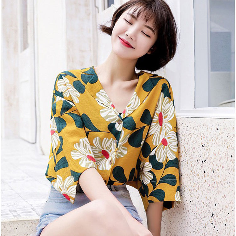 Áo kiểu nữ cổ 2 ve in hoa hướng dương tay lỡ xinh xăn, thời trang xuân hè 2021 – Vàng – L