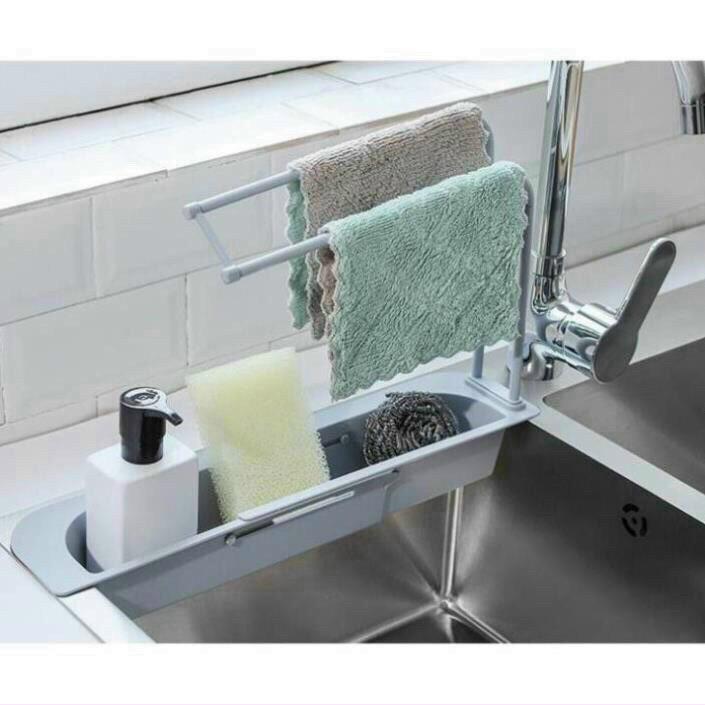 Kệ nhựa dài co dãn để bồn đựng đồ rửa chén thông minh không kèm khăn lau.