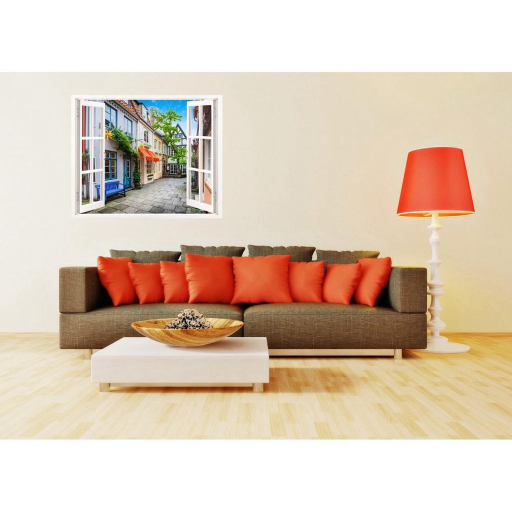 Tranh dán tường cửa sổ 3D ngõ phố đẹp