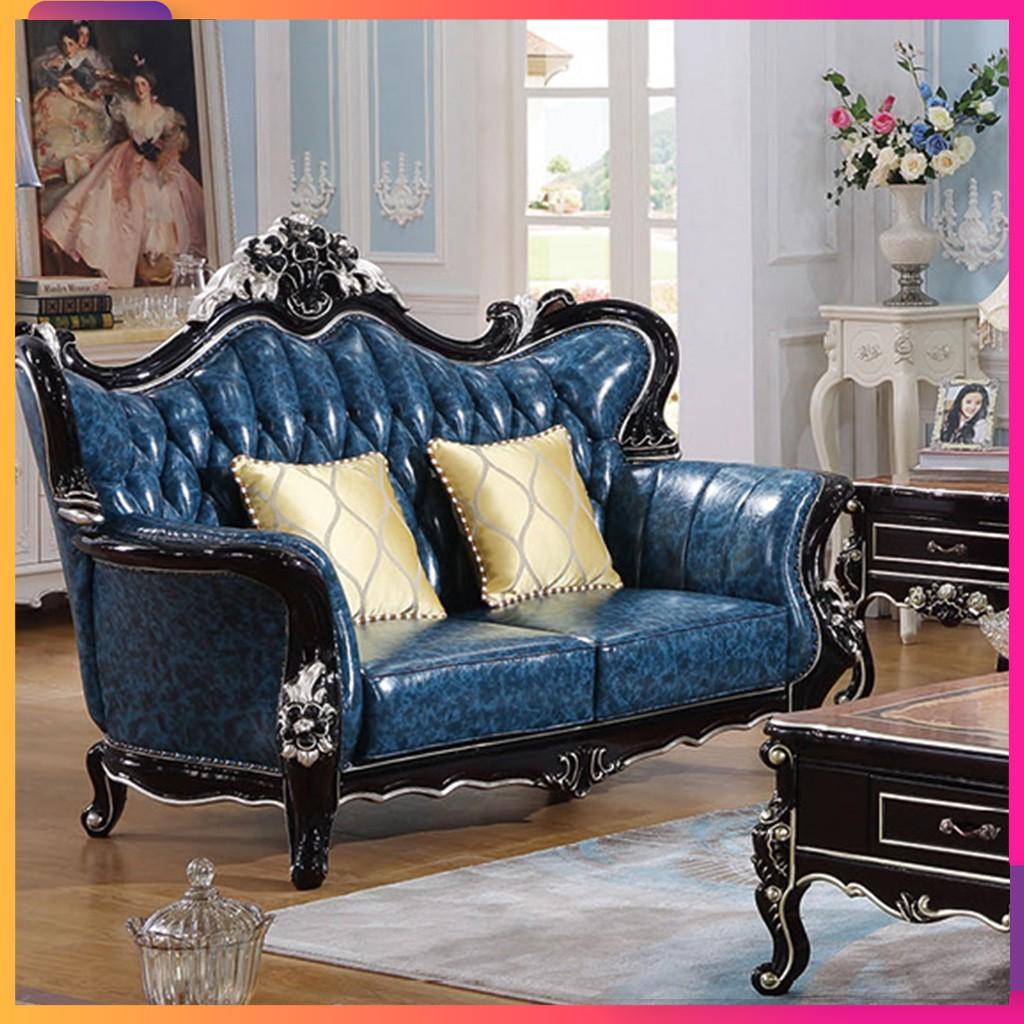 Sofa tân cổ điển hoàng gia cao cấp khung gỗ thịt phủ bóng bọc da bò Italy với màu sắc phối nổi bật