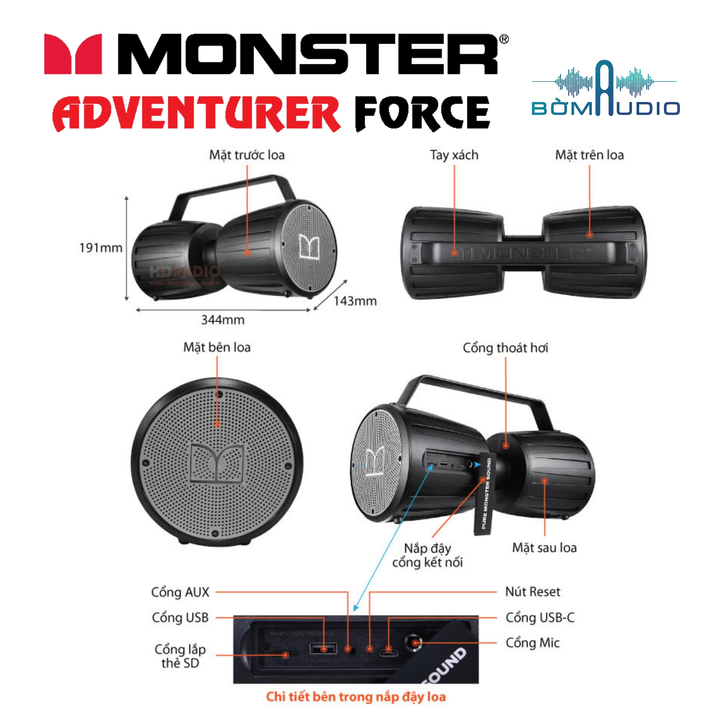 MONSTER ADVENTURER FORCE | Chất Âm Quái Vật _ Khuấy Động Mọi Cuộc Vui - Loa Bluetooth 5.0 Xách Tay Năng Động &amp; Thời Thượng - Chống Nước Chuẩn IPX7 Cao Cấp - Loa Kép 360o Cho Chất Âm Khủng - Đa Dạng Kết Nối - Pin 18H Liên Tục | Hàng Chính Hãng _ Mới 100%