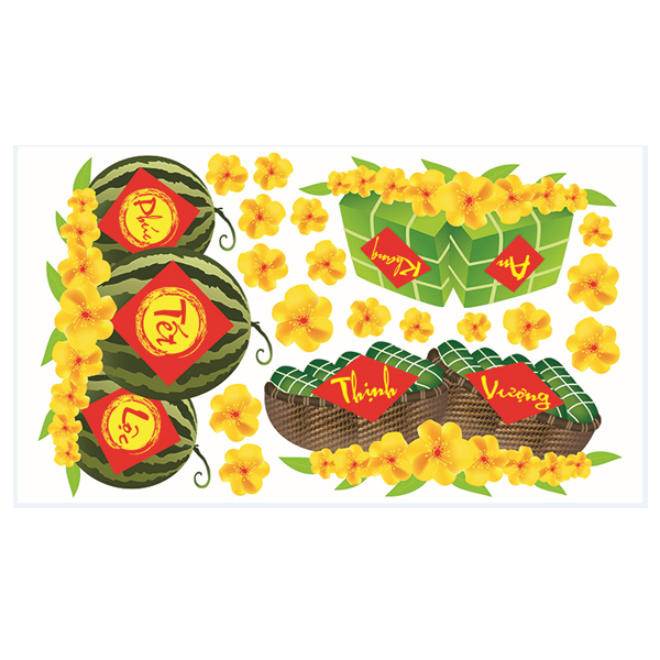 Decal Dán Tường Trang Trí Tết Bánh Chưng Xanh Và Dưa Hấu Đỏ