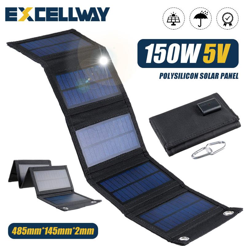 Bảng điều khiển năng lượng mặt trời Polysilicon hiệu suất cao có thể gập lại Excellway 150W Bộ sạc pin di động 5V Cổng USB Ngân hàng điện chống nước Màu sắc: 5 IN 1