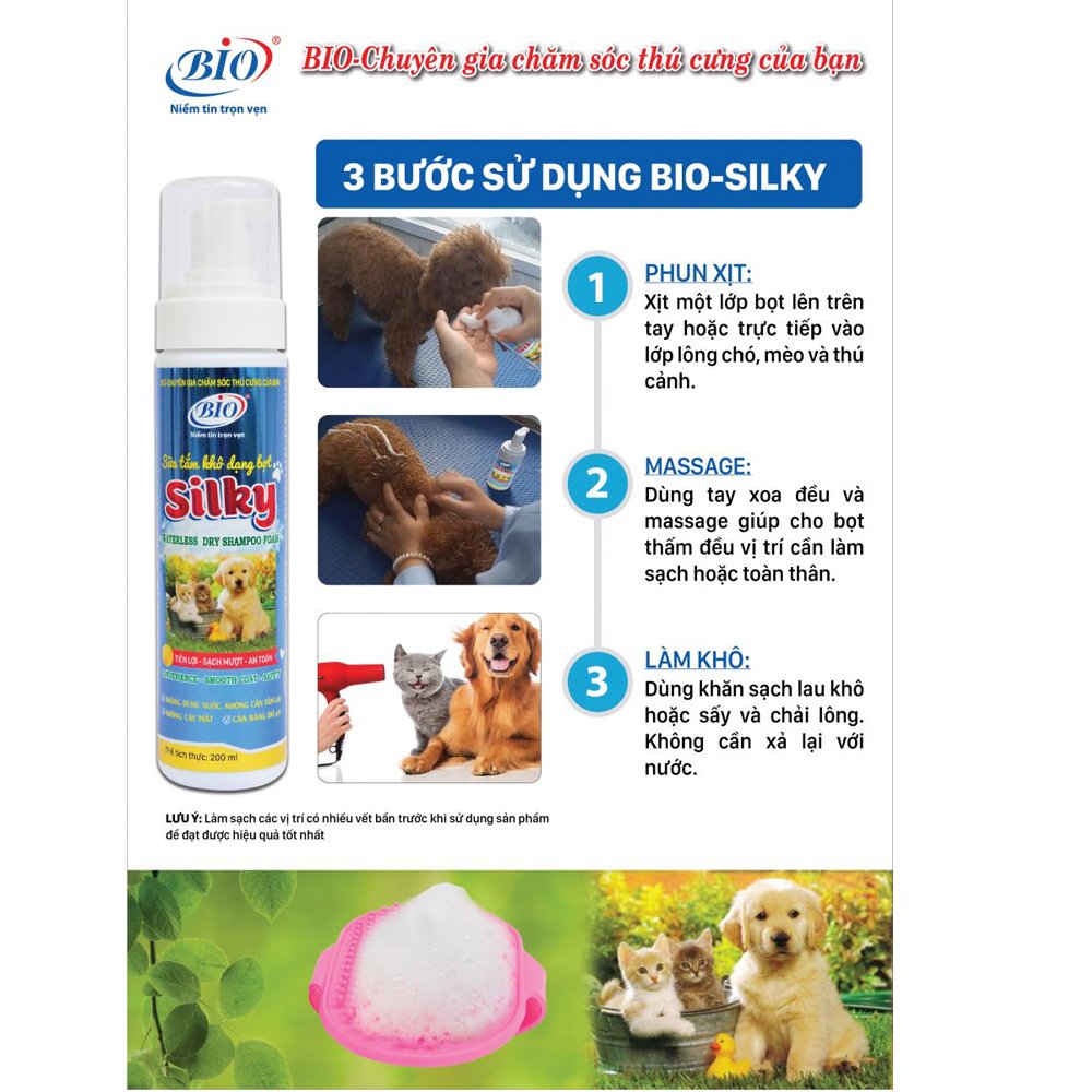 Sữa tắm khô dạng bọt Bio-Silky cho chó mèo, Làm sạch, lông óng mượt và thơm lâu 200ml-79300