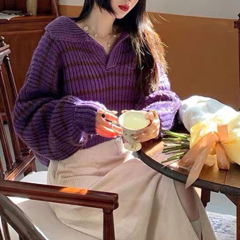 Áo len dệt kim sọc phong cách retro cổ điển Hadu shop