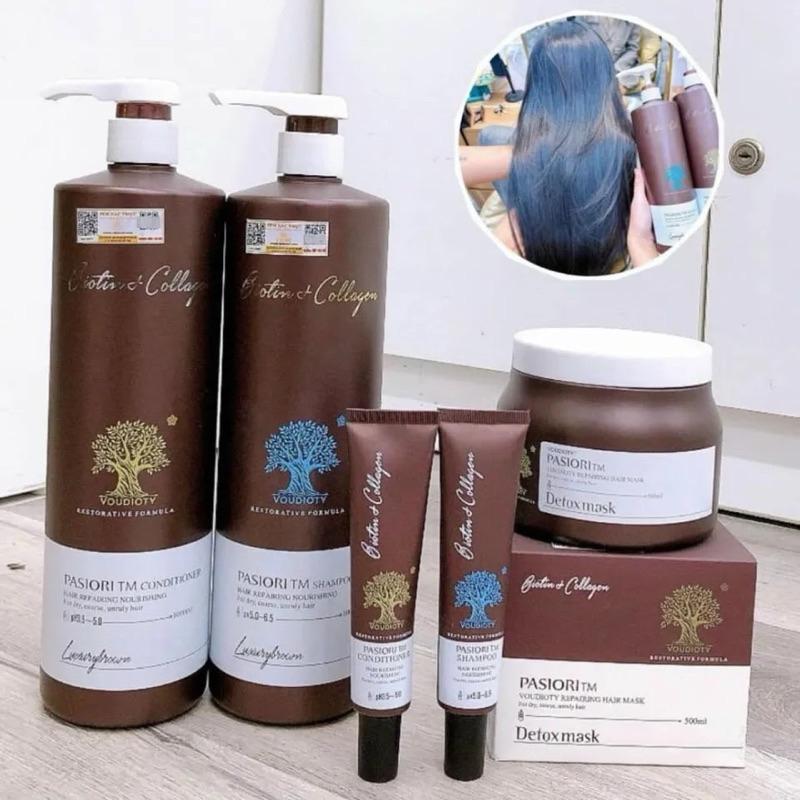 Bộ dầu gội xả Biotin Collagen Nâu Pasiori TM Luxury Brown Phục hồi siêu mượt giảm rụng tóc 1000ml