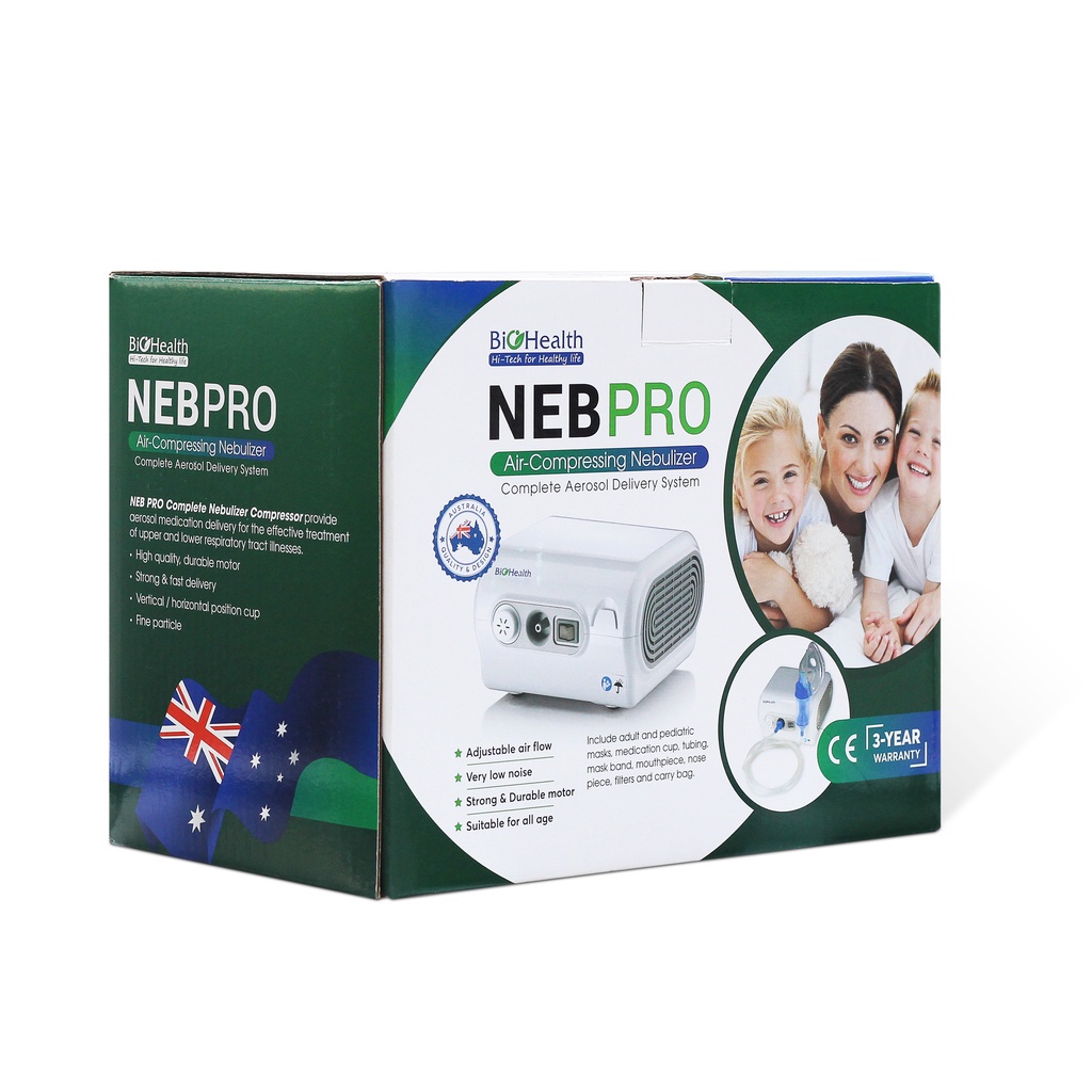 Trọn bộ máy xông mũi họng cao cấp Biohealth NEB PRO dùng cho người lớn và trẻ em, điều chỉnh được tốc độ phun