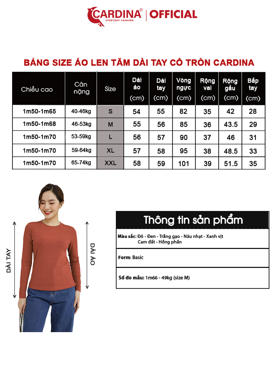 Áo Len Tăm Nữ CARDINA Chất Mềm Mịn Cổ Tròn Dài Tay Kiểu Dáng Bacis Tôn Vóc Dáng 2AF24 (Không Kèm Quần)