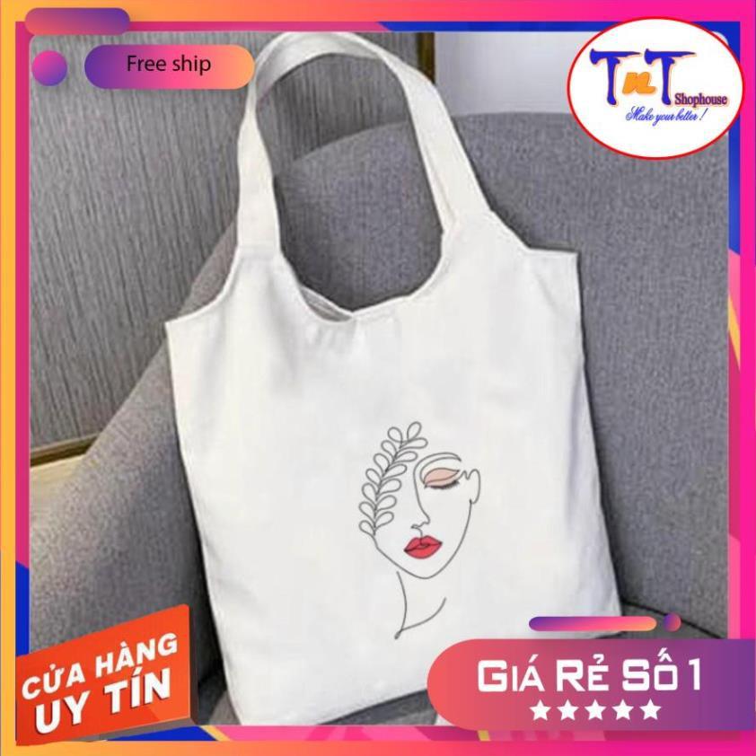 Túi tote vải canvas có khóa kéo miệng túi in hình dễ thương