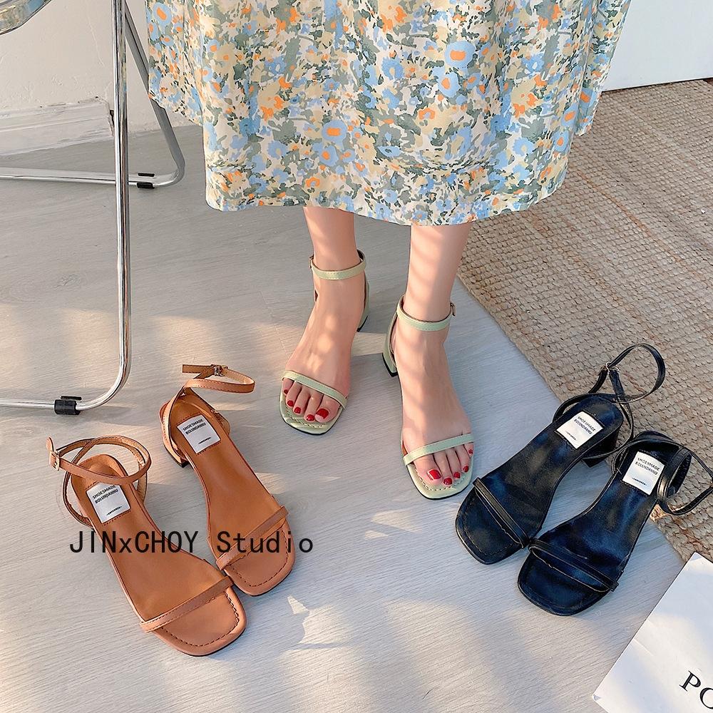 Giày Sandal Cao Gót Mũi Vuông Thời Trang Nữ 2021 Xinh Xắn