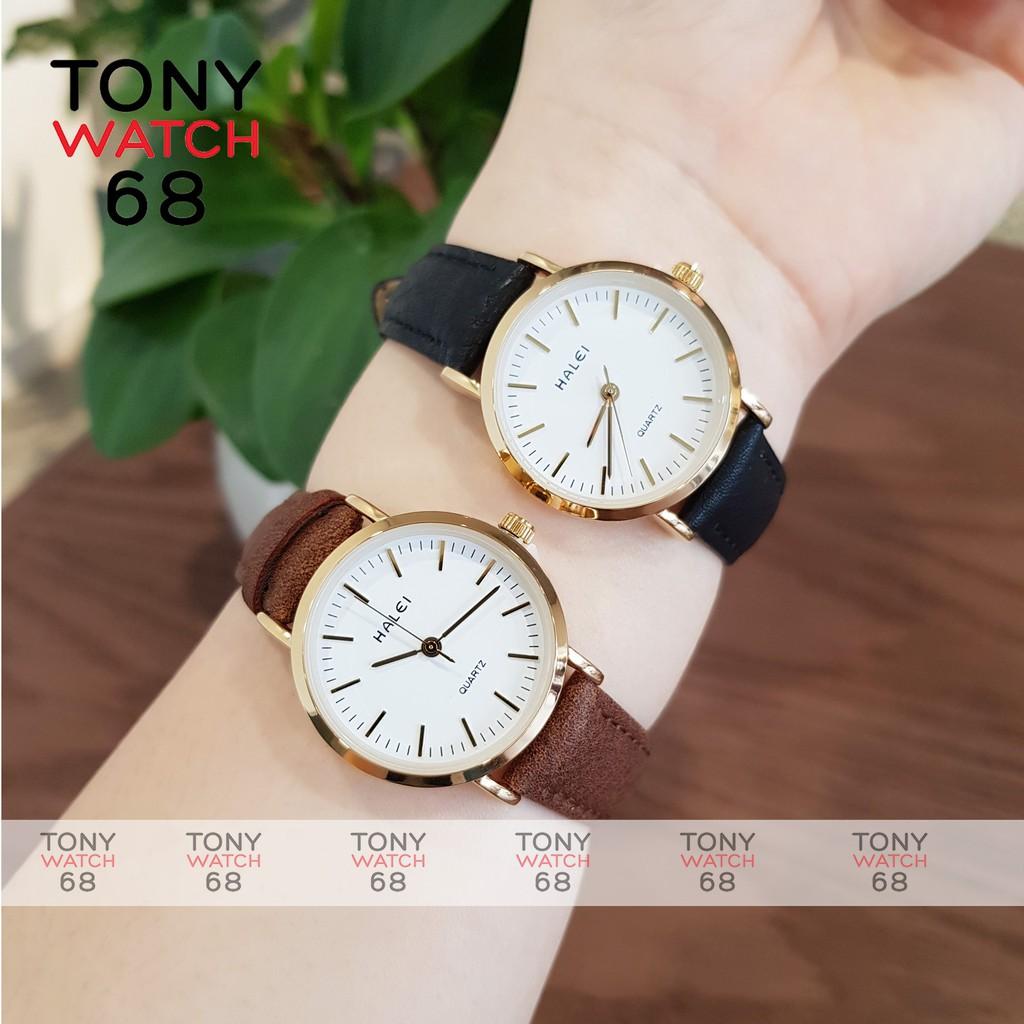 Đồng hồ nữ Halei dây da nâu mặt số vạch chính hãng Tony Watch 68