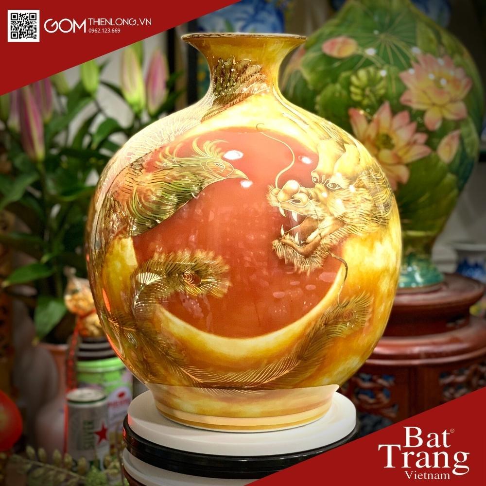 Bình Hút Tài Lộc Vẽ Vàng 3D Long Phụng Vờn Mây - Hàng Kỹ Độc Bản - Bình Hút Lộc Bát Tràng - Gốm Thiên Long