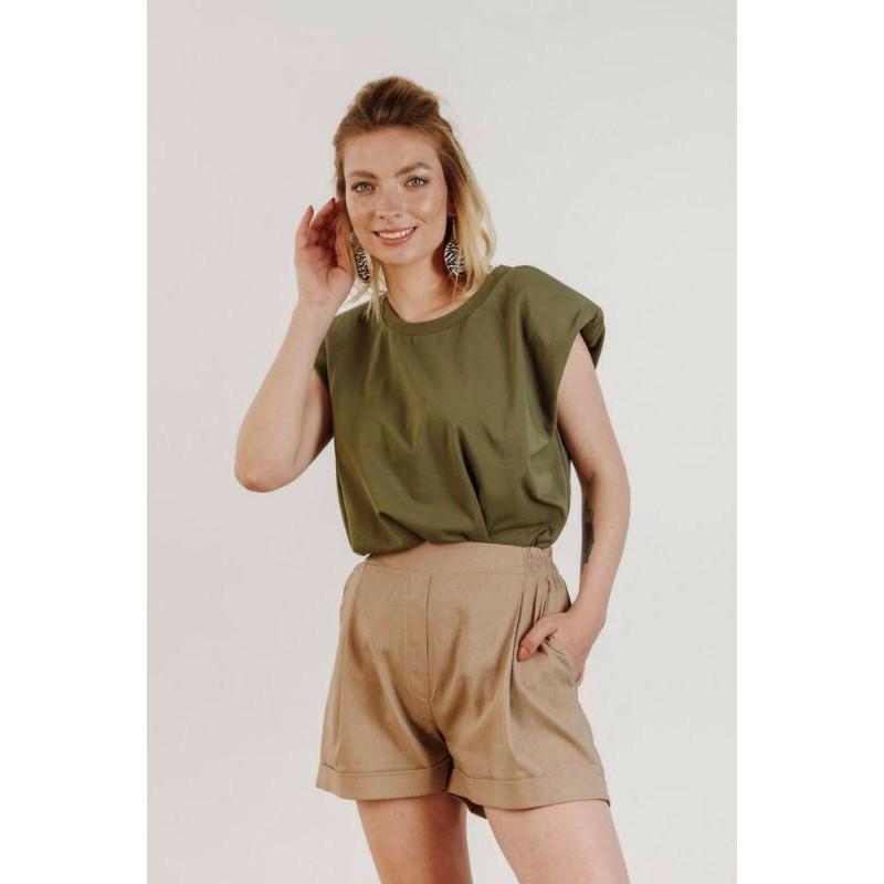 Áo độn vai hot trend thêm màu xanh blue, xám gạo, cam đất và màu khaki