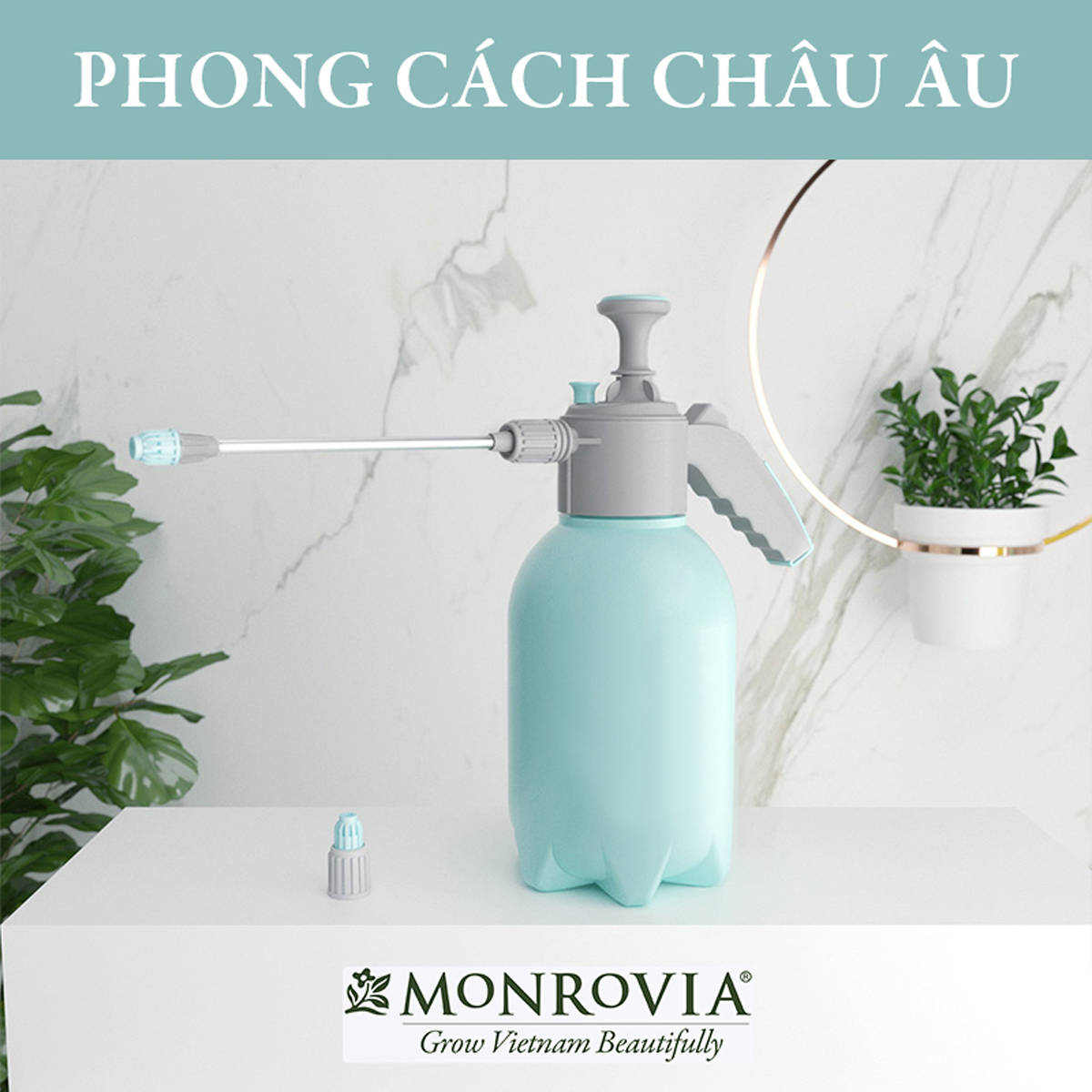 Bình xịt tưới cây MONROVIA 2 lít, phun sương tưới cây cảnh, vòi dài, tặng vòi ngắn, màu xanh, tiêu chuẩn Châu Âu